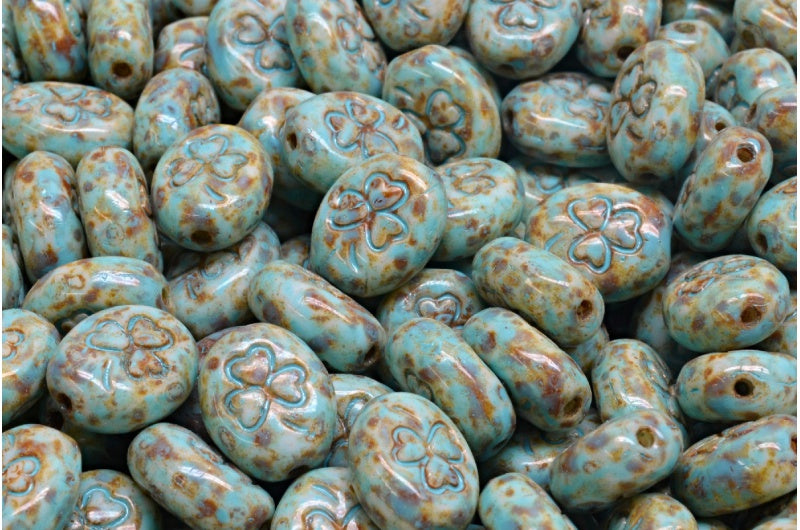 Shamrock Oval Beads, White Travertin Turqouise Spotted (02010-86800-33309), Glass, Czech Republic