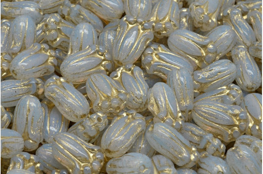 Tulip Bud Beads, Opal White Gold Lined (01000-54302), Glass, Czech Republic