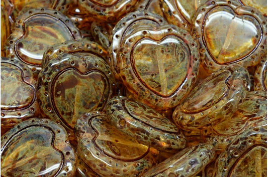 OUTLET 10 grams Pressed Heart With Dots Beads, 18 x 18 mm, Crystal Travertin (00030-86800), Glass, Czech Republic