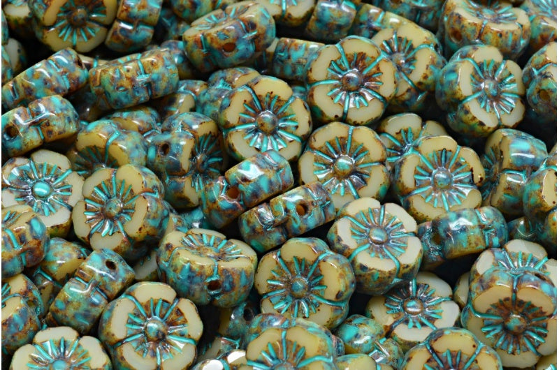 Table Cut Hawaii Flower Beads, Beige Travertin Turqouise Spotted (11111-86800-33310), Glass, Czech Republic