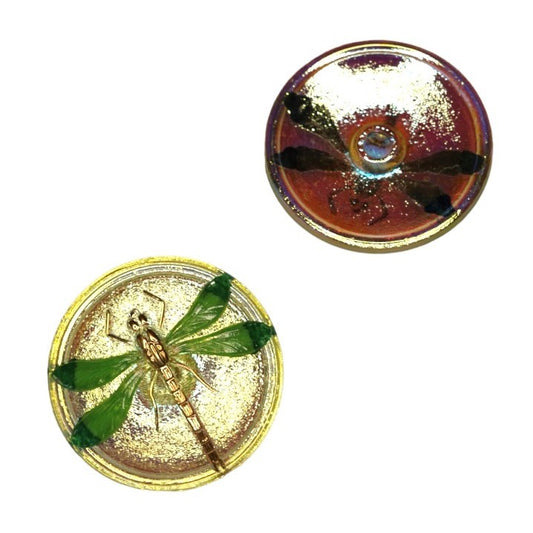 1個 ハンドペイントガラスボタン、飾りトンボ付き、サイズ18（40.5 mm）、ガラス、チェコ共和国