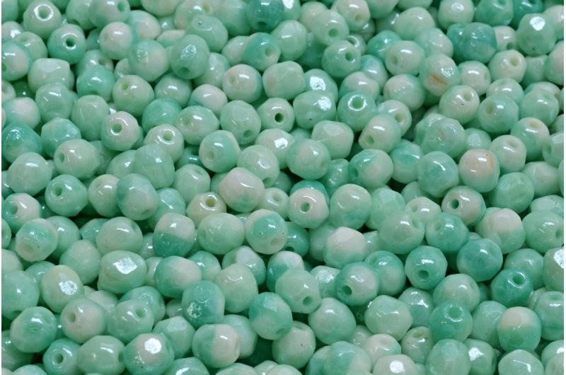 Faceted Round Fire Polished Beads, Turquoise Chalk White Hematite (63130-03000-14400), Glass, Czech Republic