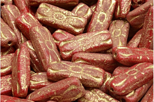 Flower Rectangle Beads, Opaque Red Etched Gold Lined (93210-etch-54302), Glass, Czech Republic