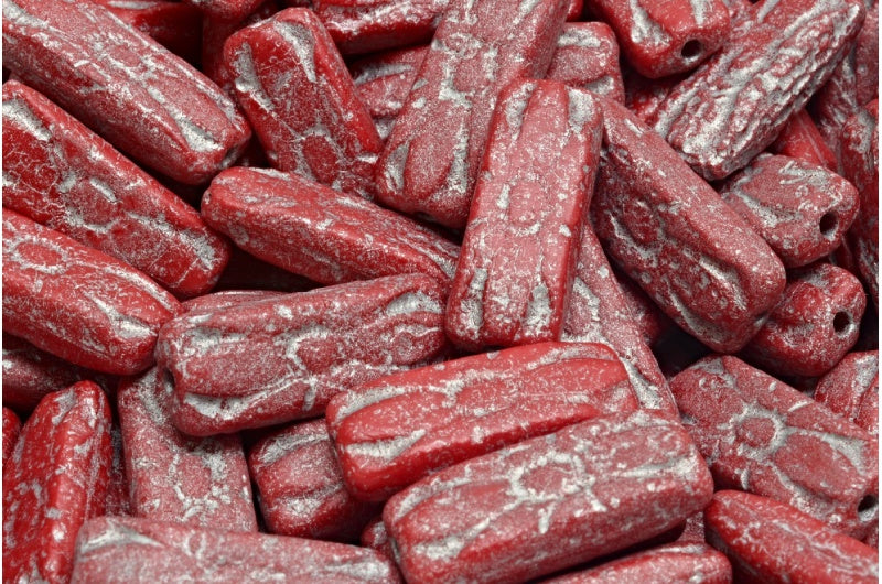 Flower Rectangle Beads, Opaque Red Etched Silver Lined (93210-etch-54301), Glass, Czech Republic