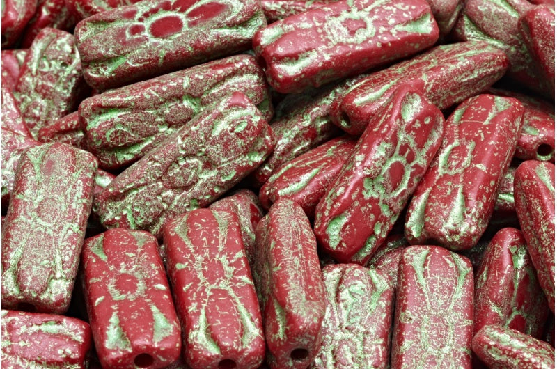 Flower Rectangle Beads, Opaque Red Etched Green (93210-etch-43813), Glass, Czech Republic