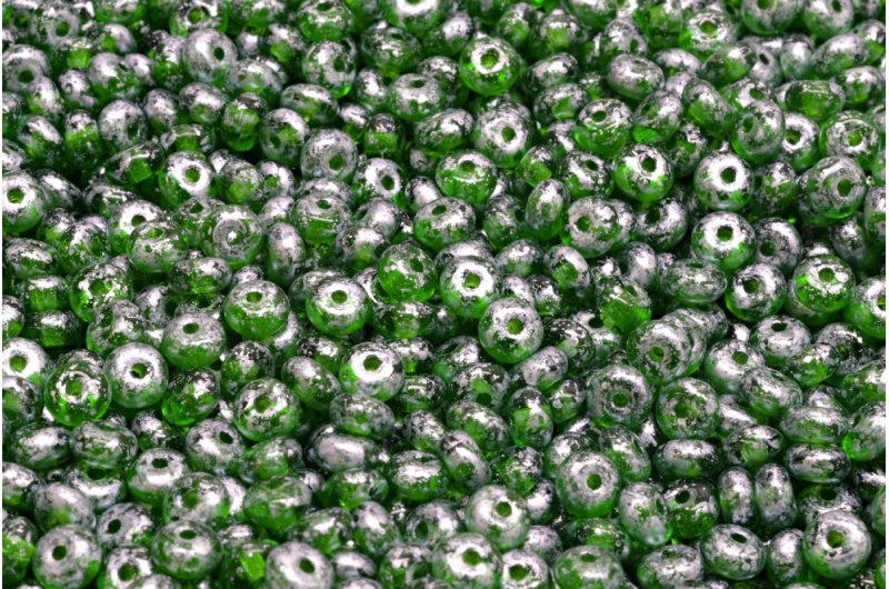 Rondelle Druck Beads, Transparent Green Silver Splash (50050-94400), Glass, Czech Republic