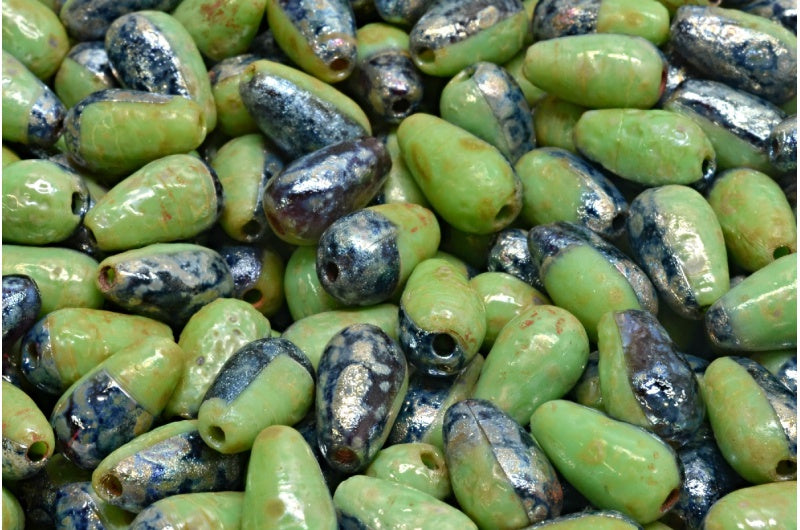 Drop Beads, Opaque Green 20090 Etched Picasso (53200-20090-ETCH-43400), Glass, Czech Republic