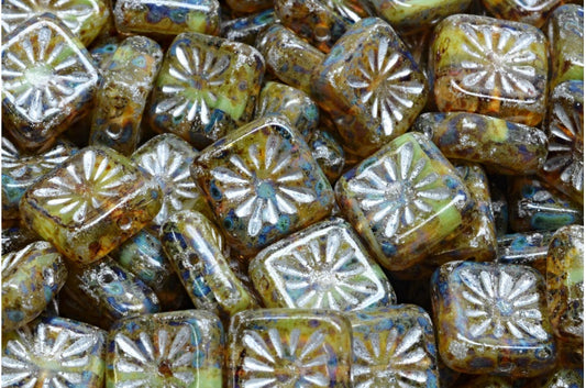 清仓 10克 方形奇异果珠，10 x 10毫米，丝绸绿石灰华银衬（56000-86800-54301），玻璃，捷克共和国