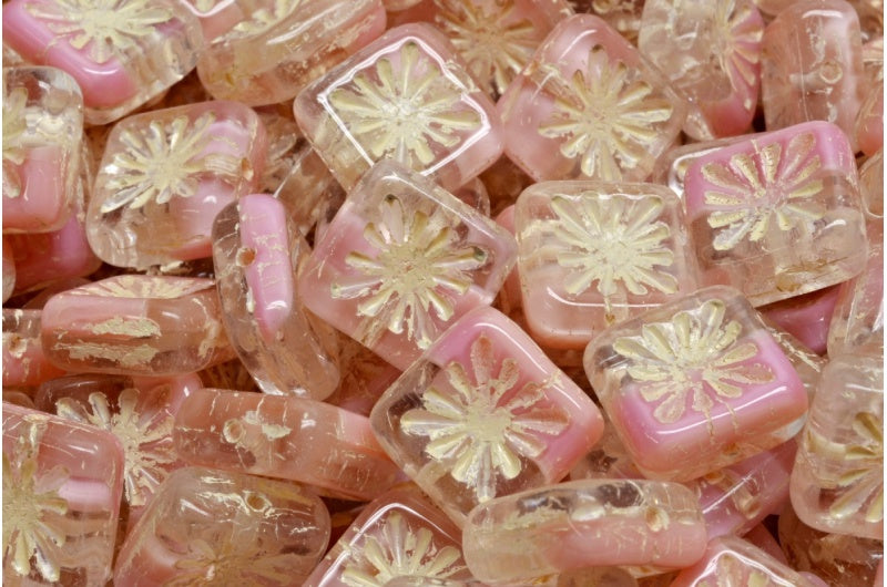 OUTLET 10g Squared Kiwi Beads, 10 x 10 mm, Silky Pink Beige Lined (76027-54311), Glass, Czech Republic