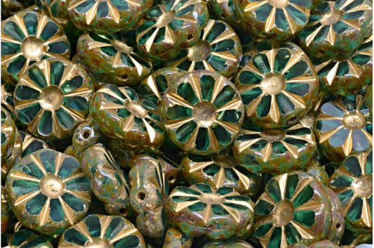 Table Cut Polished Sunflower Beads, Transparent Aqua Travertin Gold Lined (60210-86800-54302), Glass, Czech Republic