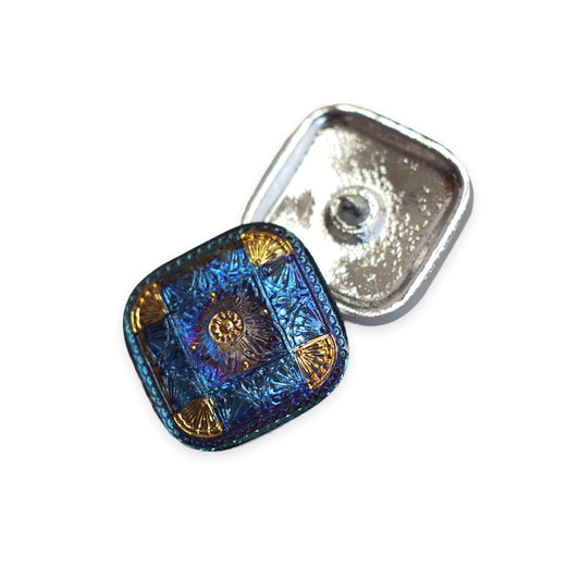 1個 手描きガラスボタン（飾り付き）、サイズ18（33x33 mm）、ガラス、チェコ共和国