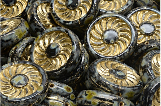 Flat Round Turbine Beads, Black Travertin Gold Lined (23980-86800-54302), Glass, Czech Republic