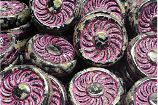 Flat Round Turbine Beads, Black Travertin Pink Lined (23980-86800-54321), Glass, Czech Republic