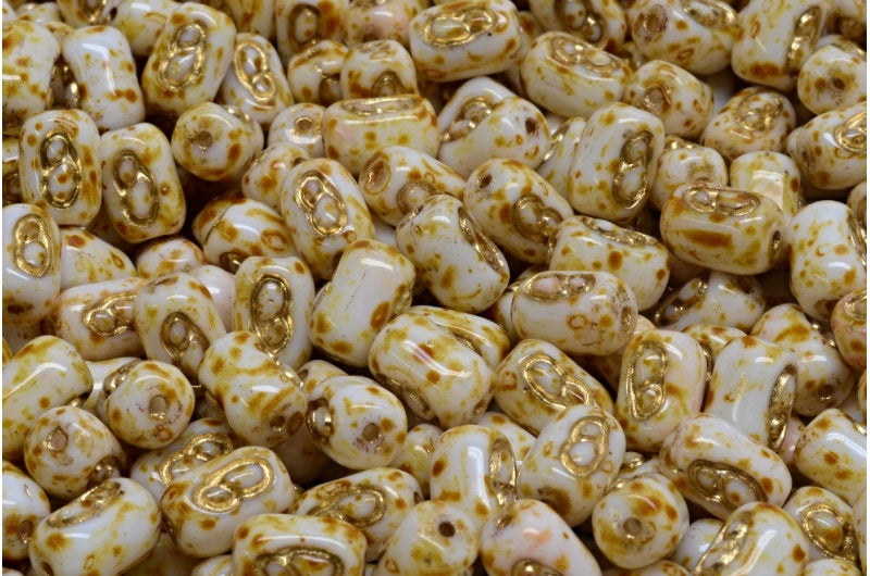 Oval Beads With Design Beads, White Travertin Gold Lined (02010-86800-54302), Glass, Czech Republic