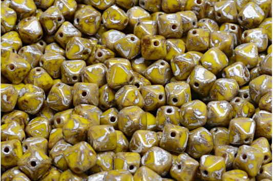 双円錐ビーズ、イエローピカソ（83120-43400）、ガラス、チェコ共和国