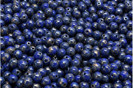 Round Druck Beads, Opaque Blue Picasso (33050-43400), Glass, Czech Republic