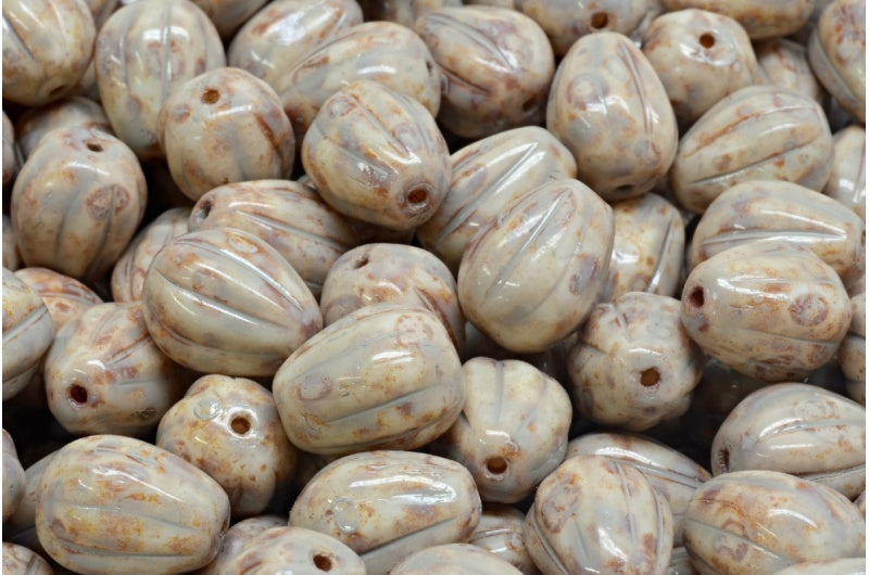 Drop Melon Beads, White Travertin Beige Spotted (02010-86800-33312), Glass, Czech Republic