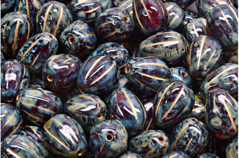 Drop Melon Beads, Ruby Red Travertin Gold Lined (90080-86800-54302), Glass, Czech Republic