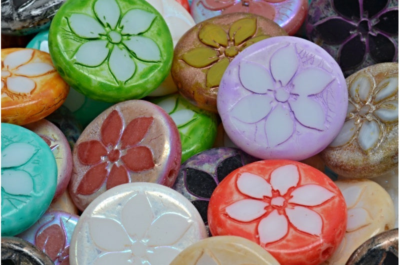 Table Cut Coin Flower Beads, 1 Mixed Colors (00001-mix), Glass, Czech Republic