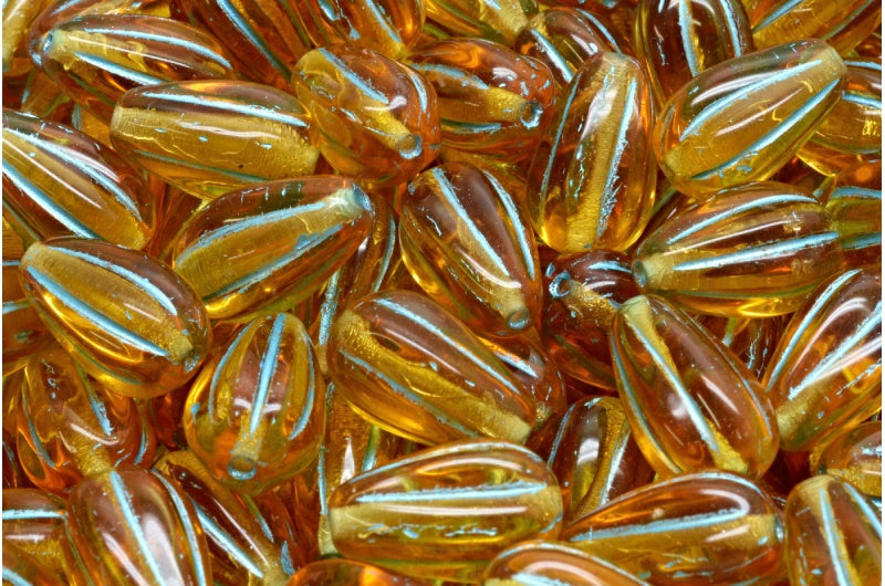 Drop Melon Beads, Transparent Orange Light Blue Lined (10060-54308), Glass, Czech Republic