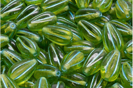 OUTLET 10 grams Drop Melon Beads, 13 x 8 mm, Transparent Green Light Blue Lined (50220-54308), Glass, Czech Republic