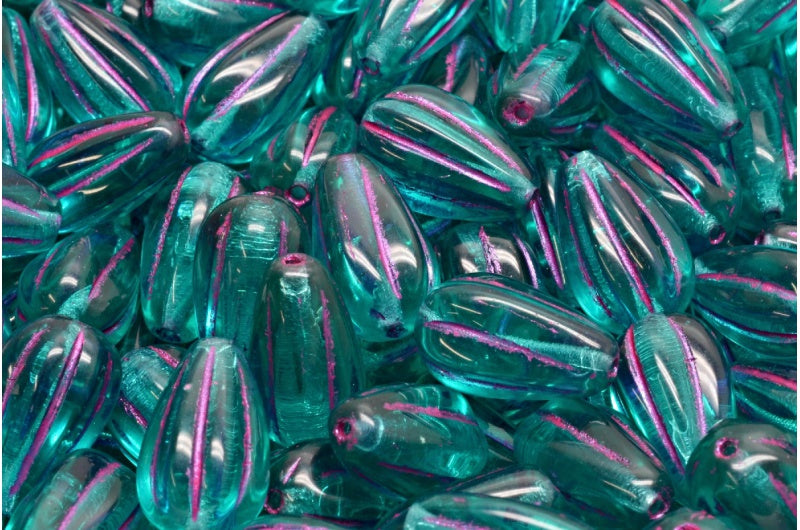 Drop Melon Beads, Transparent Aqua Pink Lined (60220-43807), Glass, Czech Republic