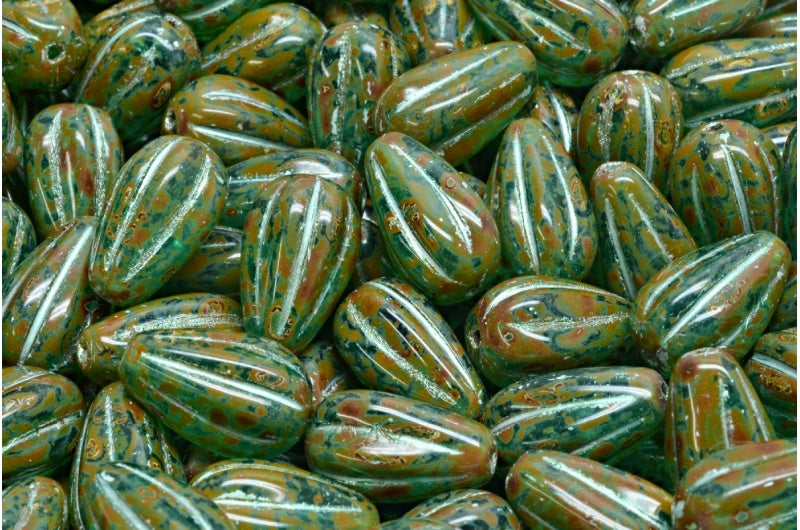 Drop Melon Beads, Transparent Aqua Travertin 43801 (60220-86800-43801), Glass, Czech Republic