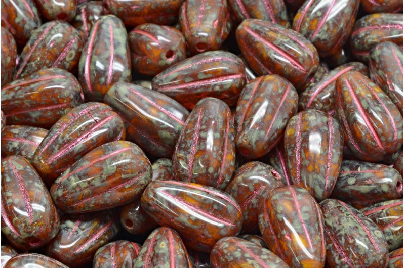 Drop Melon Beads, 81250 Travertin Red Lined (81250-86800-43808), Glass, Czech Republic