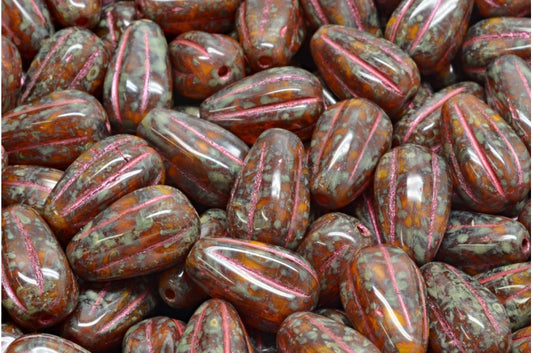 Drop Melon Beads, 81250 Travertin Red Lined (81250-86800-43808), Glass, Czech Republic