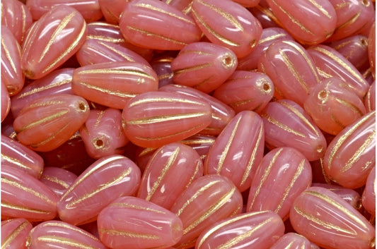Drop Melon Beads, Opal Pink Gold Lined (71010-54302), Glass, Czech Republic