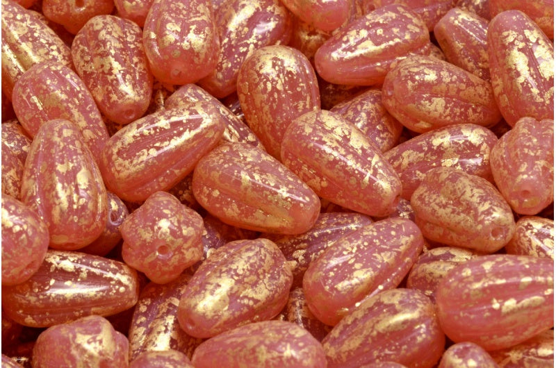 Drop Melon Beads, Opal Pink Gold Splash (71010-94401), Glass, Czech Republic