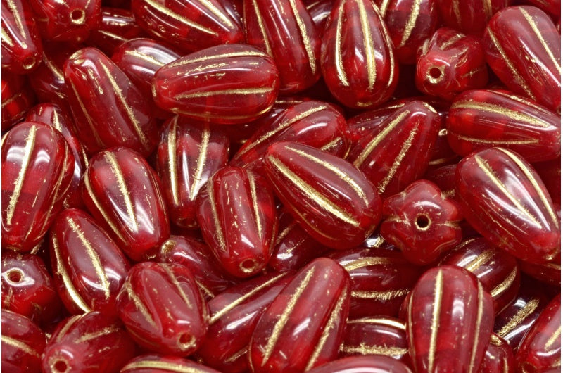 OUTLET 10 grams Drop Melon Beads, 13 x 8 mm, Opal Red Gold Lined (91260-54302), Glass, Czech Republic