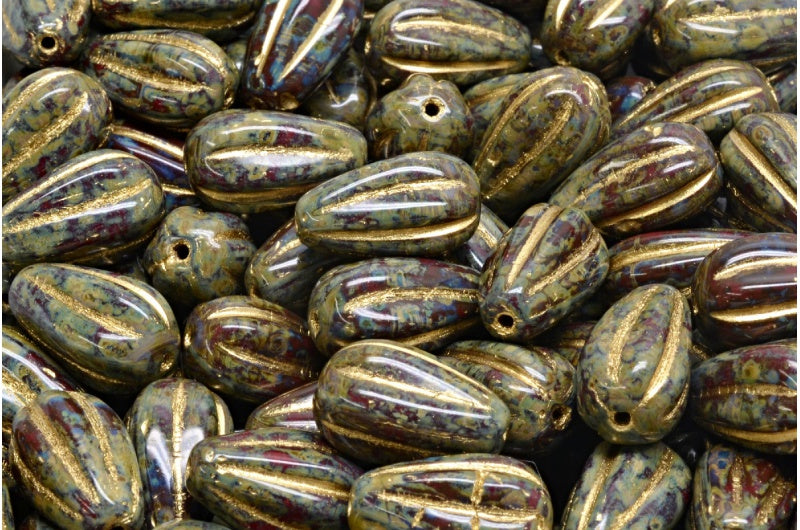 Drop Melon Beads, Opaque Red Travertin Gold Lined (93220-86800-54302), Glass, Czech Republic