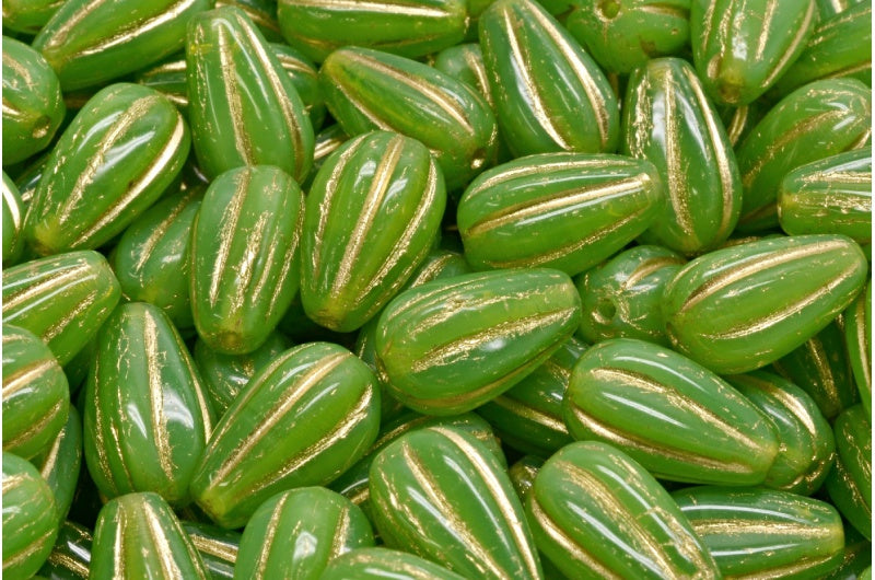 Drop Melon Beads, Opal Green Gold Lined (51010-54302), Glass, Czech Republic