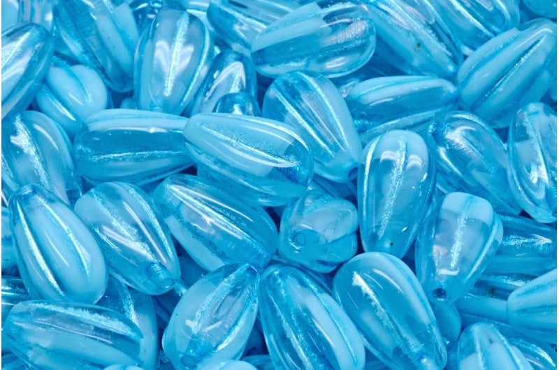 Drop Melon Beads, 66018 Blue Lined (66018-54323), Glass, Czech Republic