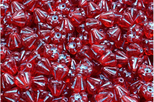 Bell Flower Beads, Ruby Red Light Blue Lined (90080-54308), Glass, Czech Republic