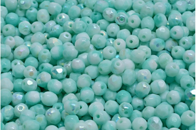 ファセットラウンドファイアポリッシュビーズ、ターコイズチョークホワイトAB（63130-03000-28701）、ガラス、チェコ共和国