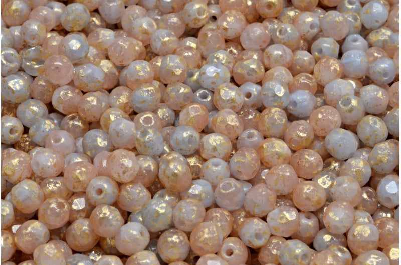 ファセットラウンドファイアポリッシュビーズ、オパールブルー72000ゴールドスプラッシュ（32010-72000-94401）、ガラス、チェコ共和国