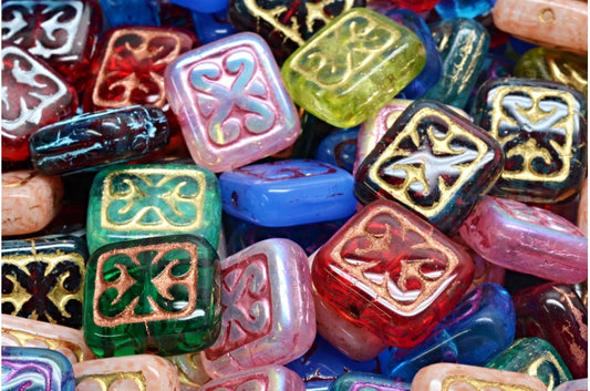 OUTLET 10 grams Ornamental Cushion Beads, 11 x 12 mm, Mixed Colors (00001-mix), Glass, Czech Republic