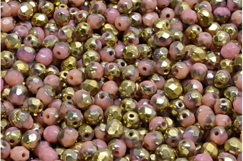 ファセット加工ラウンドファイアポリッシュビーズ、不透明ピンクゴールド（74020-26441）、ガラス、チェコ共和国