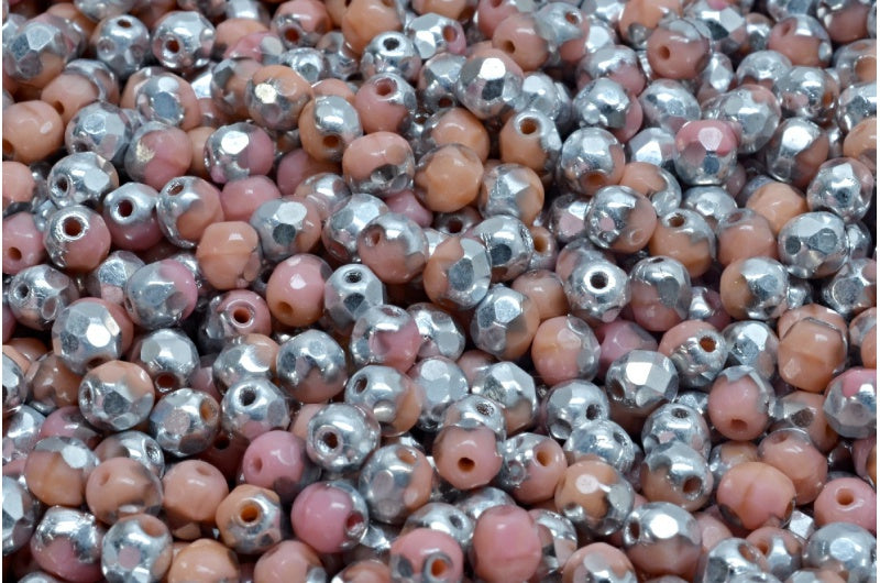 ファセットラウンドファイアポリッシュビーズ、不透明ピンククリスタルシルバーハーフコーティング（74020-27001）、ガラス、チェコ共和国