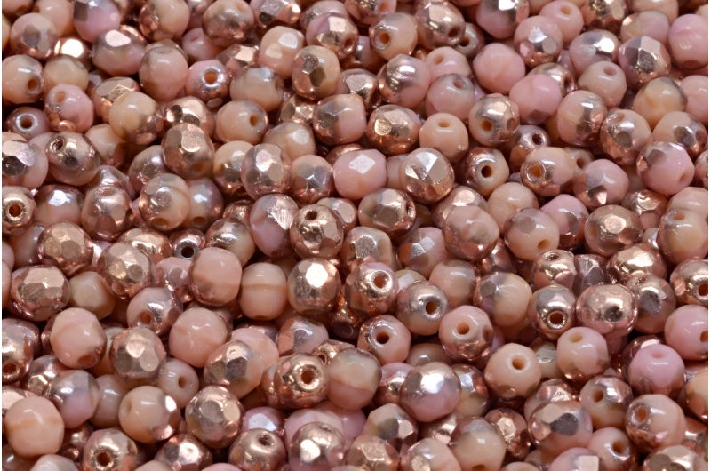 ファセット加工ラウンドファイアポリッシュビーズ、不透明ピンクローズゴールドカプリ（74020-27101）、ガラス、チェコ共和国