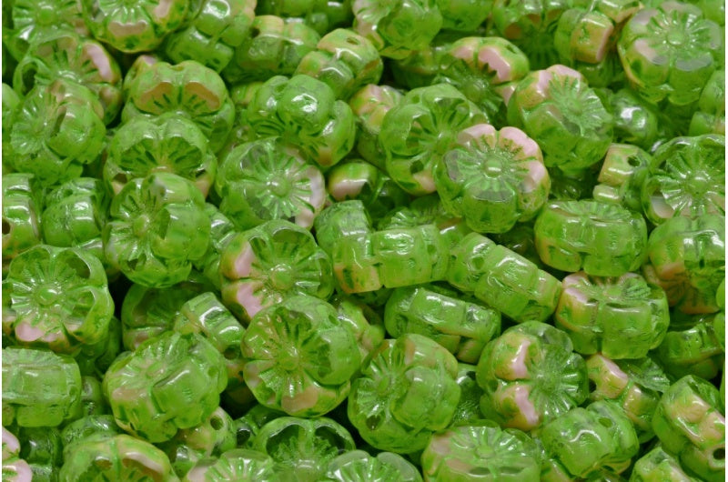 テーブルカットハワイフラワービーズ、不透明ピンクグリーンスポット（76018-33311）、ガラス、チェコ共和国