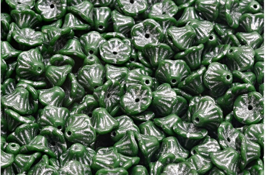 ベルフラワーカップビーズ、不透明グリーン、シルバーライン入り（53240-54301）、ガラス、チェコ共和国