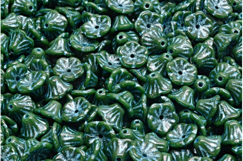 ベルフラワーカップビーズ、不透明グリーンライトブルーライン入り（53240-54308）、ガラス、チェコ共和国