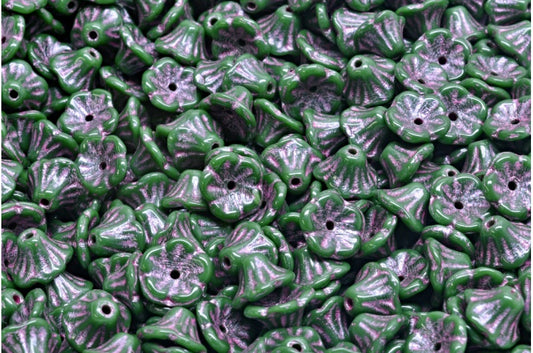 ベルフラワーカップビーズ、不透明グリーンピンクライン入り（53240-54321）、ガラス、チェコ共和国