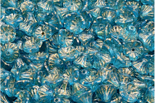 ベルフラワーカップビーズ、透明アクアゴールドライン（60010-54302）、ガラス、チェコ共和国