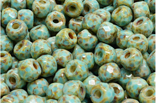 多面小马贝果珠，粉笔白洞石绿松石斑点（03000-86800-33309），玻璃，捷克共和国