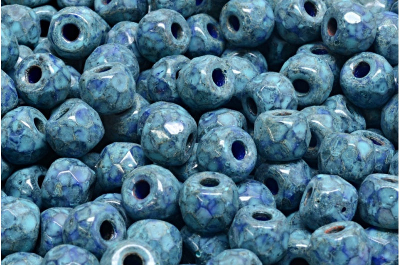 ファセット加工のポニーベーグルビーズ、不透明ブルートラバーチンターコイズスポット（33050-86800-33309）、ガラス、チェコ共和国