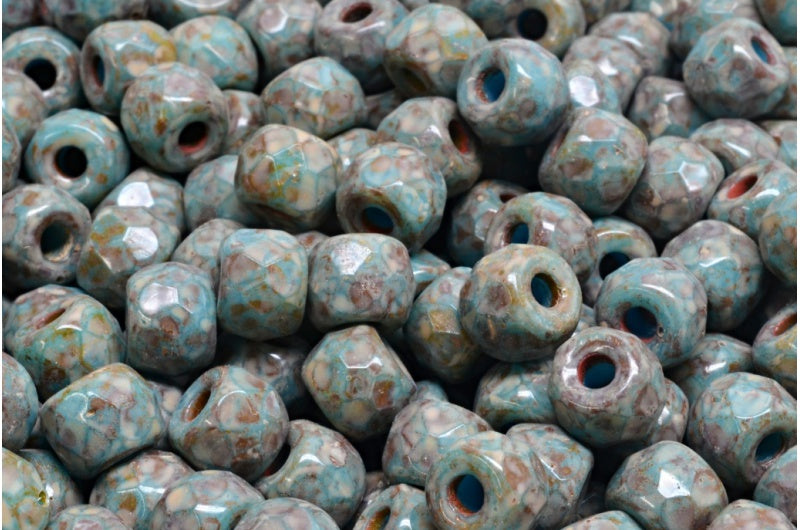 ファセット加工のポニーベーグルビーズ、不透明ブルートラバーチン、ベージュトラバーチンスポット（33100-86800-33301）、ガラス、チェコ共和国